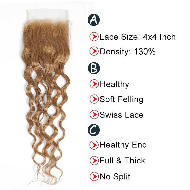 27# Honey Blonde Water Wave Bundles With Clo 4x4 SOKU Brazilian Brown 99J Human Hair Weave Bundles With Clo Remy HairXJ250120