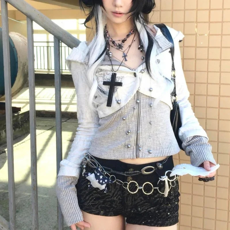 Y2k Harajuku Gothic Women Knit Cardigan Hooded Zip Up Patchwork Japanese Fashion Sweaters Slim Gyaru Grunge Autumn 250122