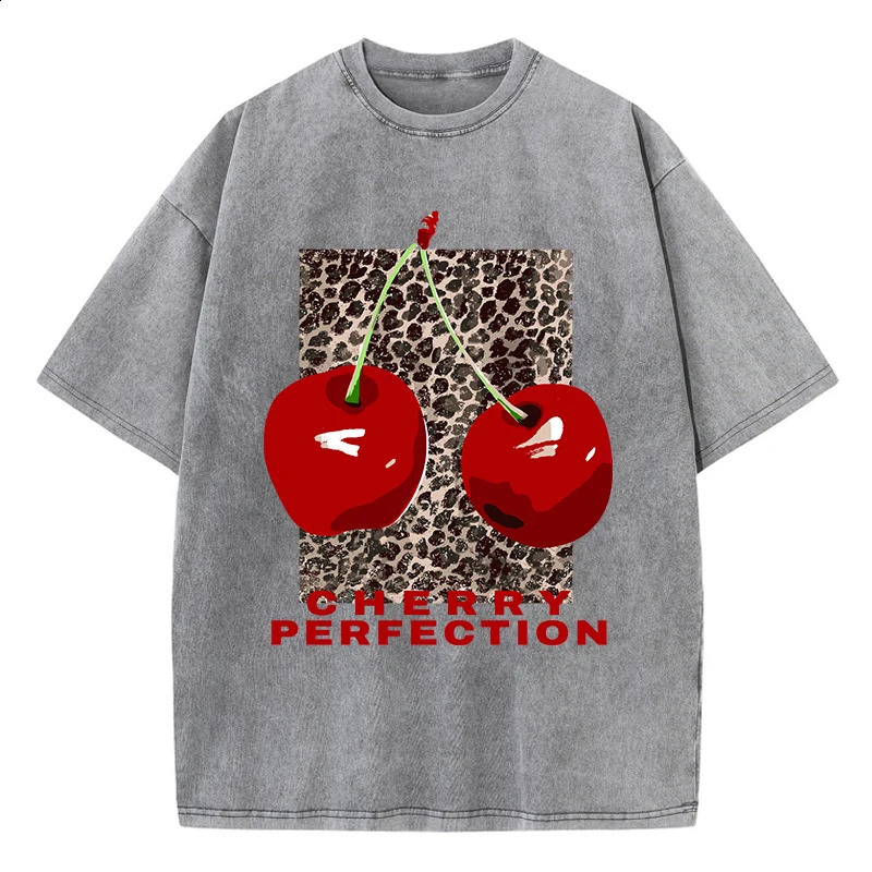 Cherry perfection Washed T Shirt Women Cotton Leopard Prints Oversize Tops Vintage Black ONeck TShirts Summer Woman Clothes 250122