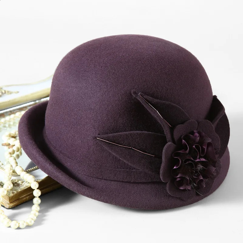 Women Winter 100% Wool Hat Mother Warm Felt Fedora Female Party Formal Asymmetric Cloche Cap 250118