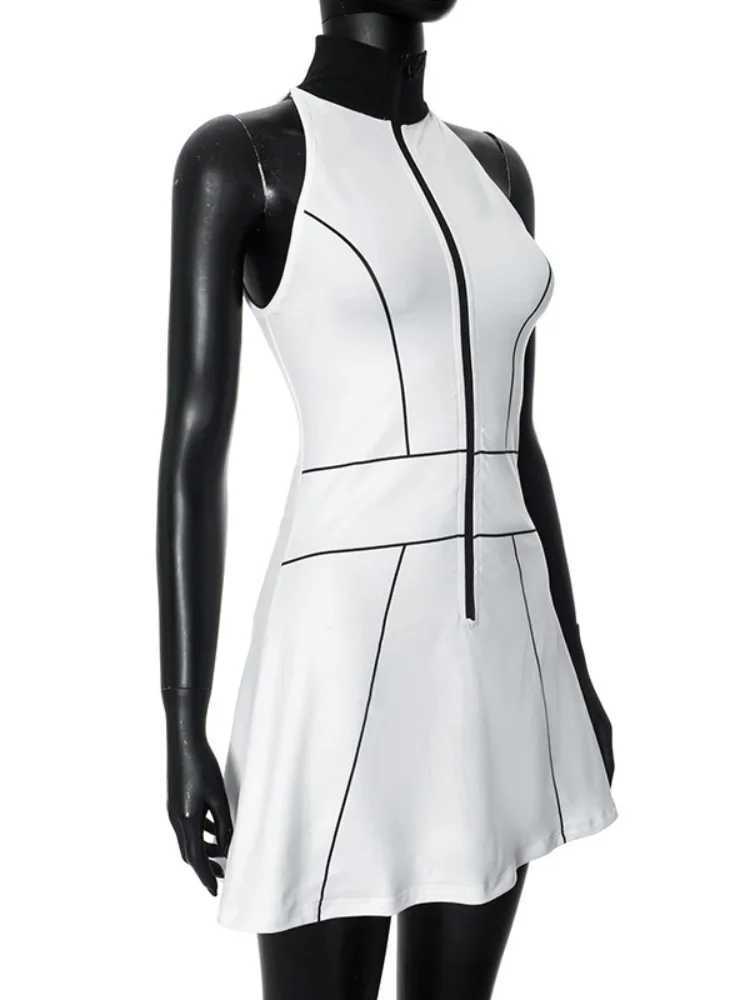 With Zipper Empire Waist Stripe Print Loose A-line Dress Women Sveless Skinny Evening Mini Dress Beach Club Party VestidosXJ250115