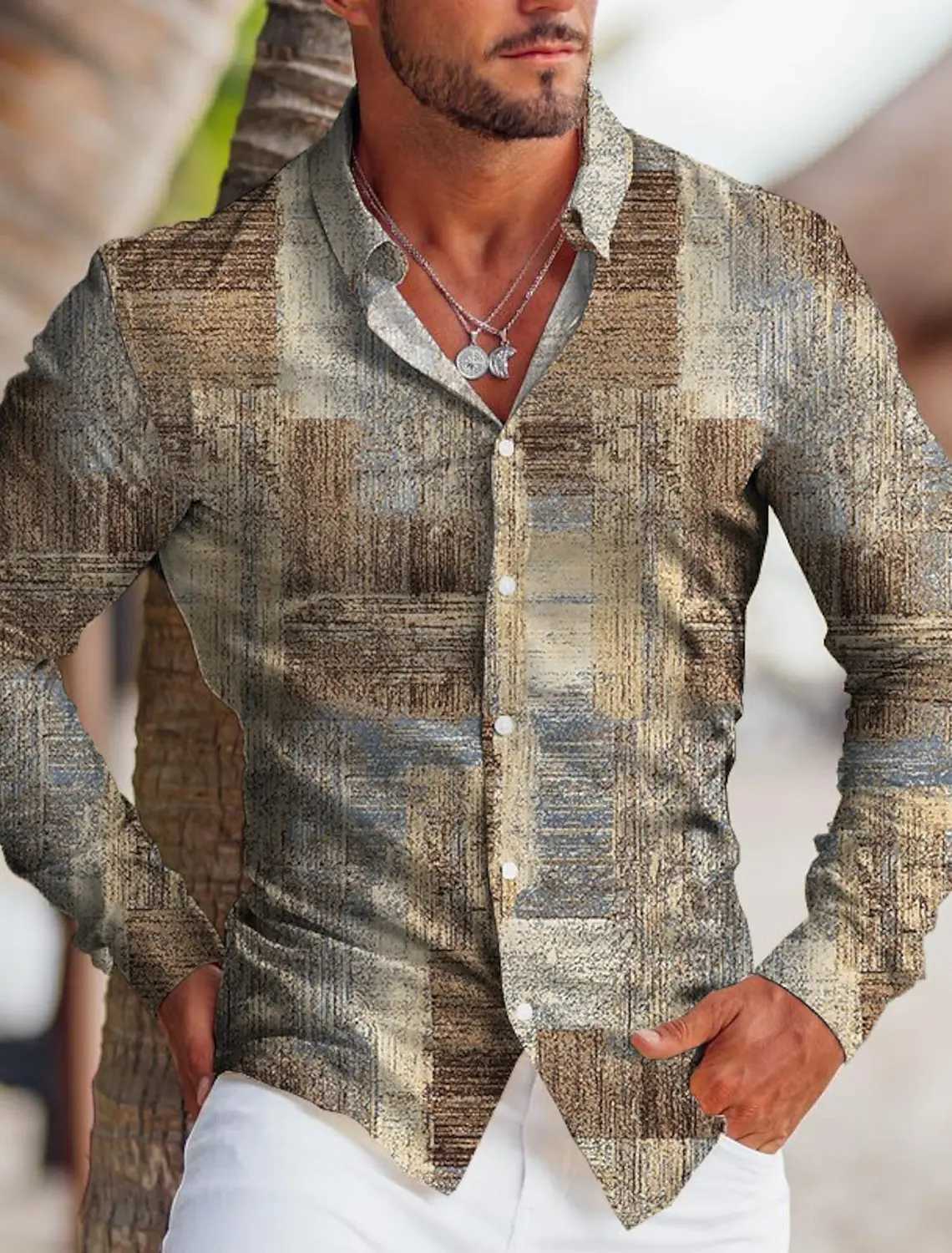 New Fall Mens Shirt Oversized Casual Shirt Line Printed Long Sleeve Button Mens Clothing Beach Cardigan Shirt MenXJ250121