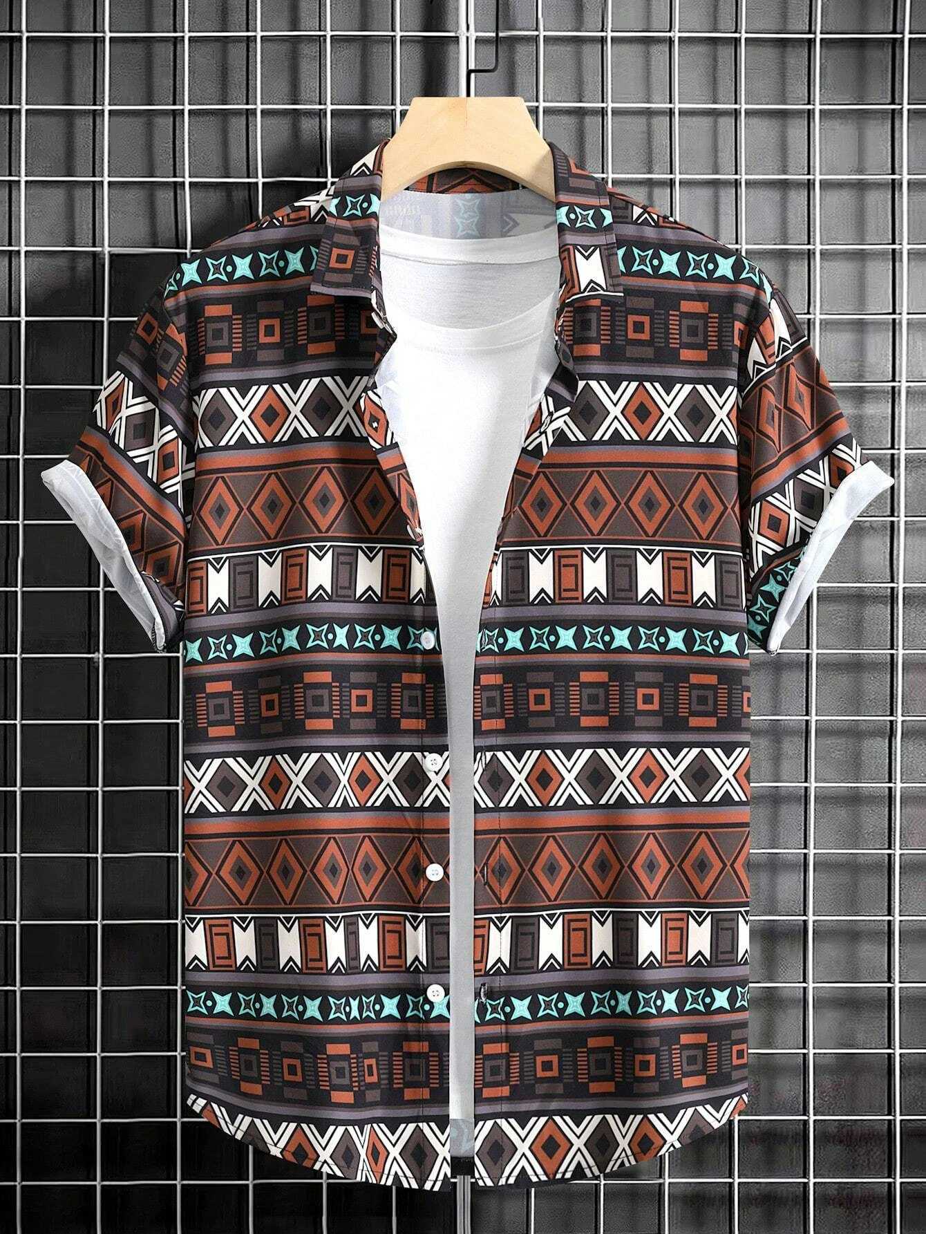 Ethnic Patchwork Design Printed mens And womens Shirts Casual Design short-sleeved Shirts Fashion Button short-sleeved TopsXJ250121