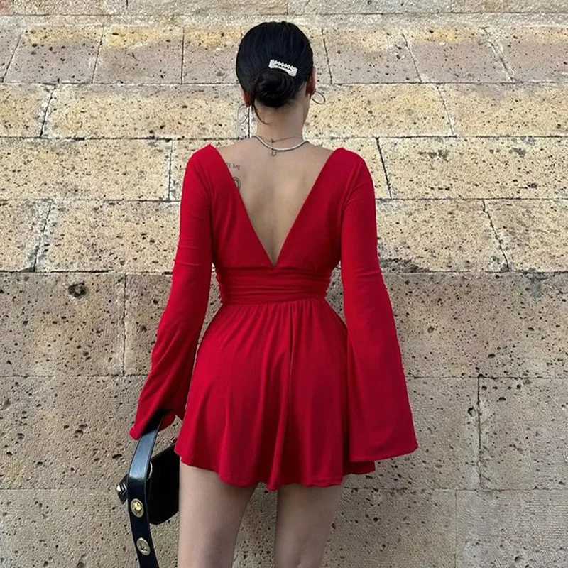 Women Vintage Ele Dresses Deep V Neck Sexy Backless Flared Long Sve Waist Tightening Streetwear Autumn Mini Dress XJ250115
