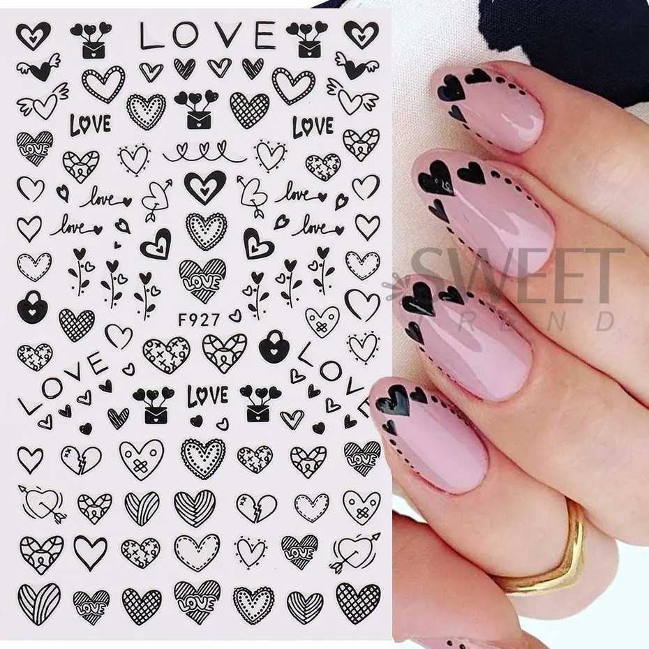 3D Black Love Heart Nail Stickers Couple Lines Letter Decals Design Flower Cute Decor Valentine Sliders Nail Art Accessories JIFXJ250120