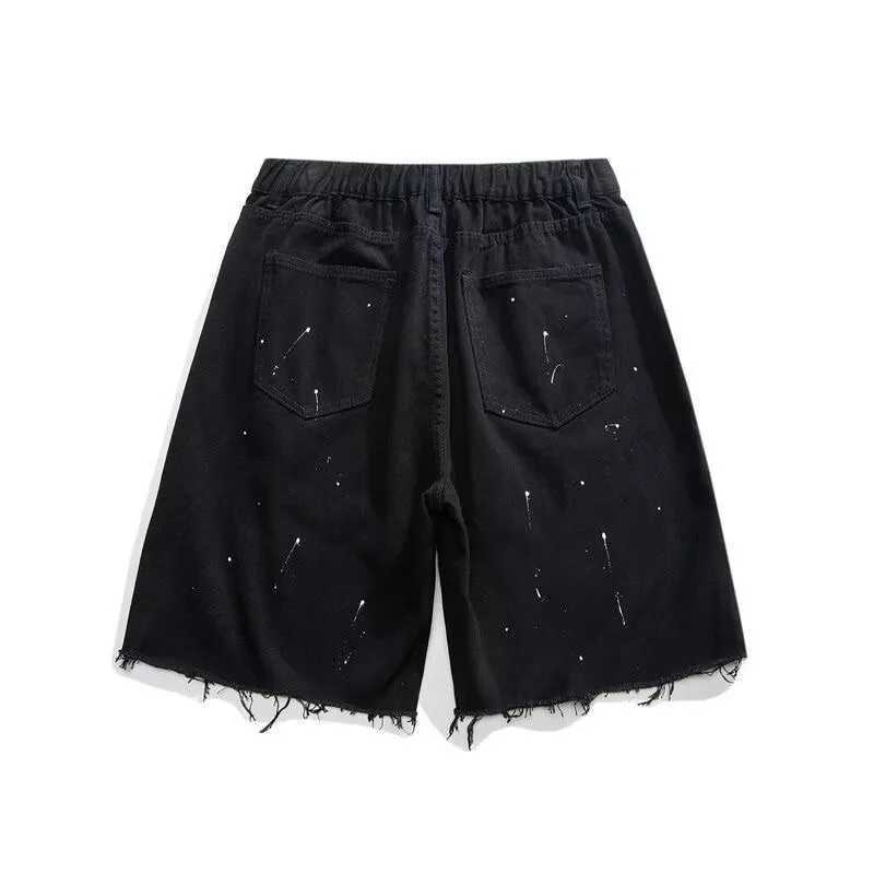 Summer thin splattered ink edge black denim shorts mens trendy American high street loose fit straight leg Capris X250203