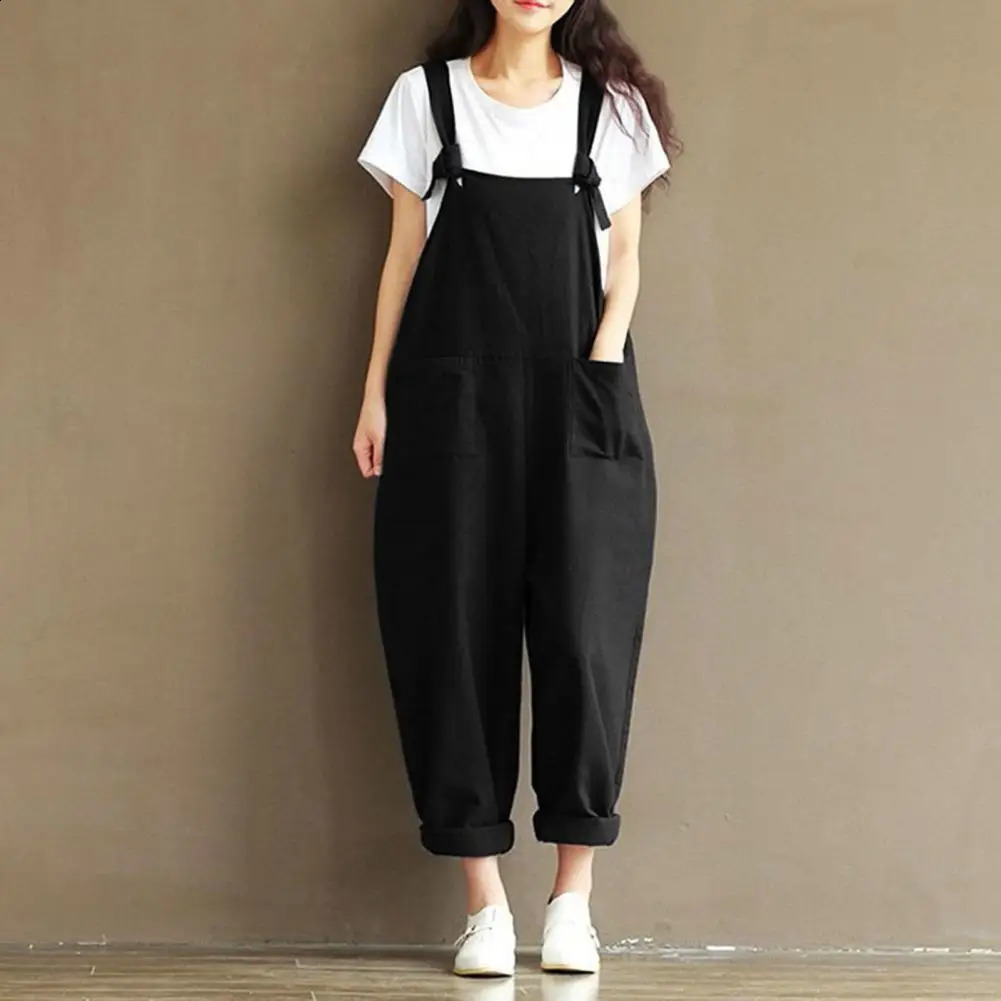 Women Jumpsuits Solid Color Straps n Pants Pocket Loose Rompers Lady Soft Clothing For Daily Wear 250113