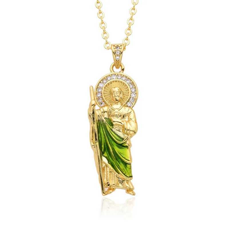 Saint Jude Necklace 14K Gold Plated San Judas Pendant Figaro ChainXJ250121