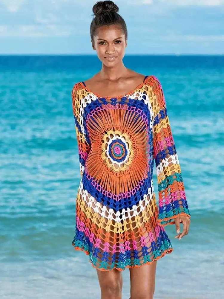 Handmade Knitted Beach Cover Tunics for Beach Swimsuit Crochet Cover Ups Sarong Beach Saida Praia Sarong Beach Kaftan #Q498 W250120