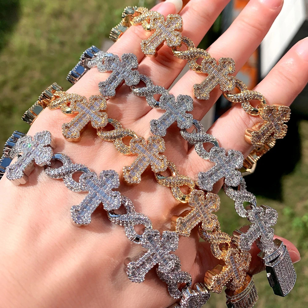 Inifinity Link Chain Bracelet Micro Pave Bling CZ Cross Prong Setting 5A Cubic Zirconia Hip Hop Fashion Jewelry Women Men 250121