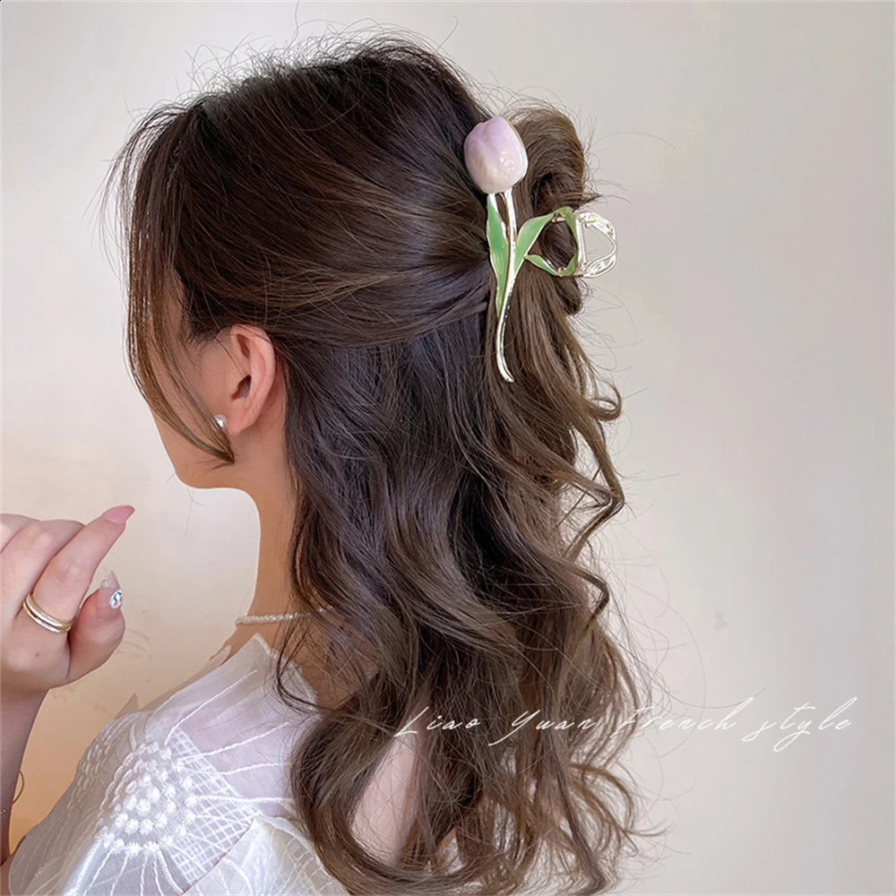 Vintage Tulip Flower Hair Claw Clips Women Alloy Makeup Hair Styling Clamp Barrettes Girls Ponytail Shark Hair Claw Barrette 250120