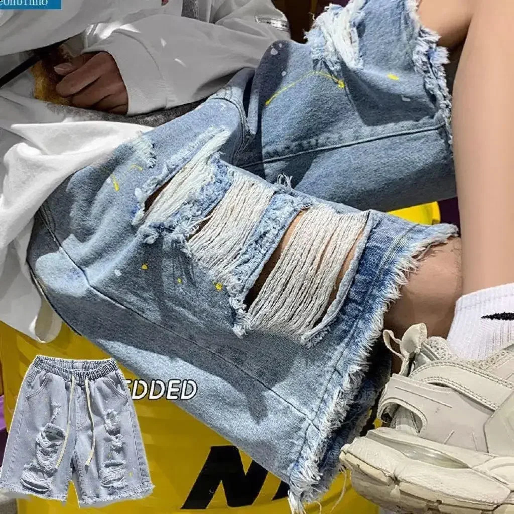 Summer Mens Loose Fit American Style Denim Shorts Trendy Hole Ripped Harajuku MidCalf FiveFifths Pants 250121