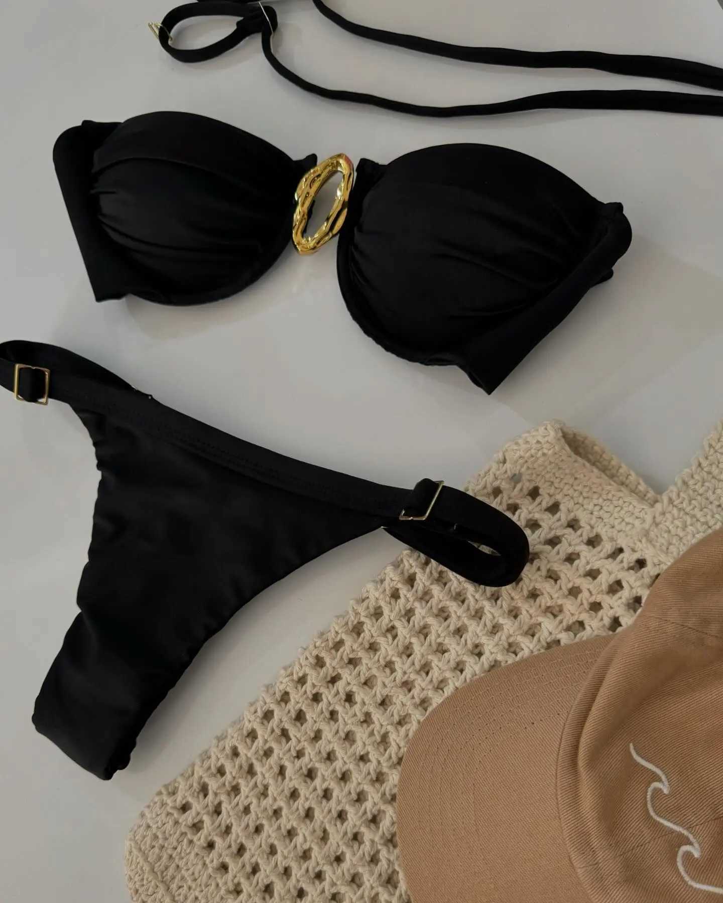2025 Sexy Black Bikini Set with Gold Ring Detail- Adjustable Straps and High-Cut Bottoms Perfect for Beach Wear and Pool Parties X250203