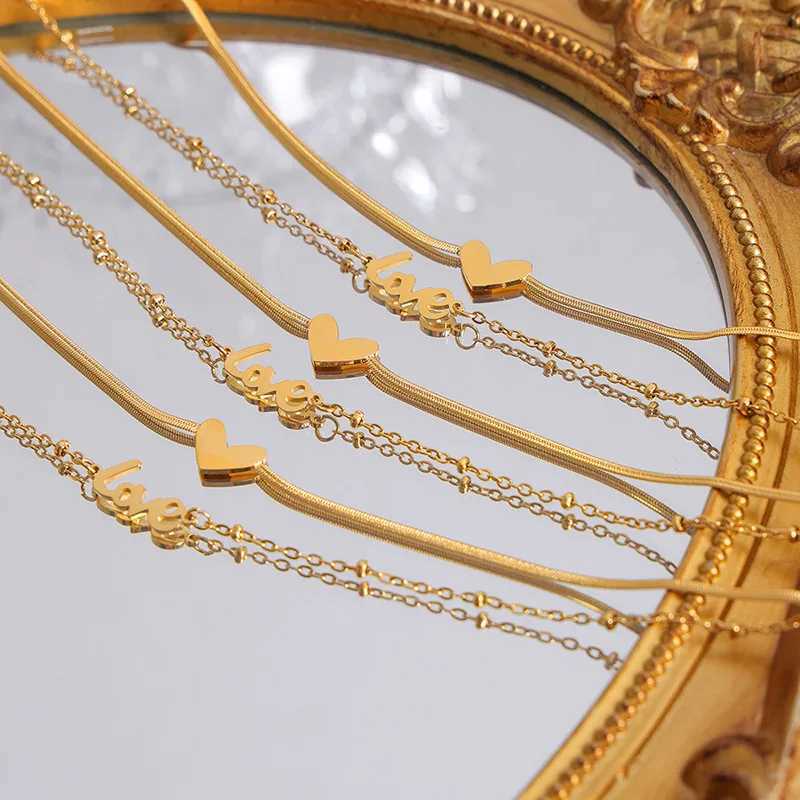 18K Gold Plated Stainl Steel Heart Words Charms Layered Flat Snake Chain Anklets for Women Waterproof Foot JewelryXJ250121