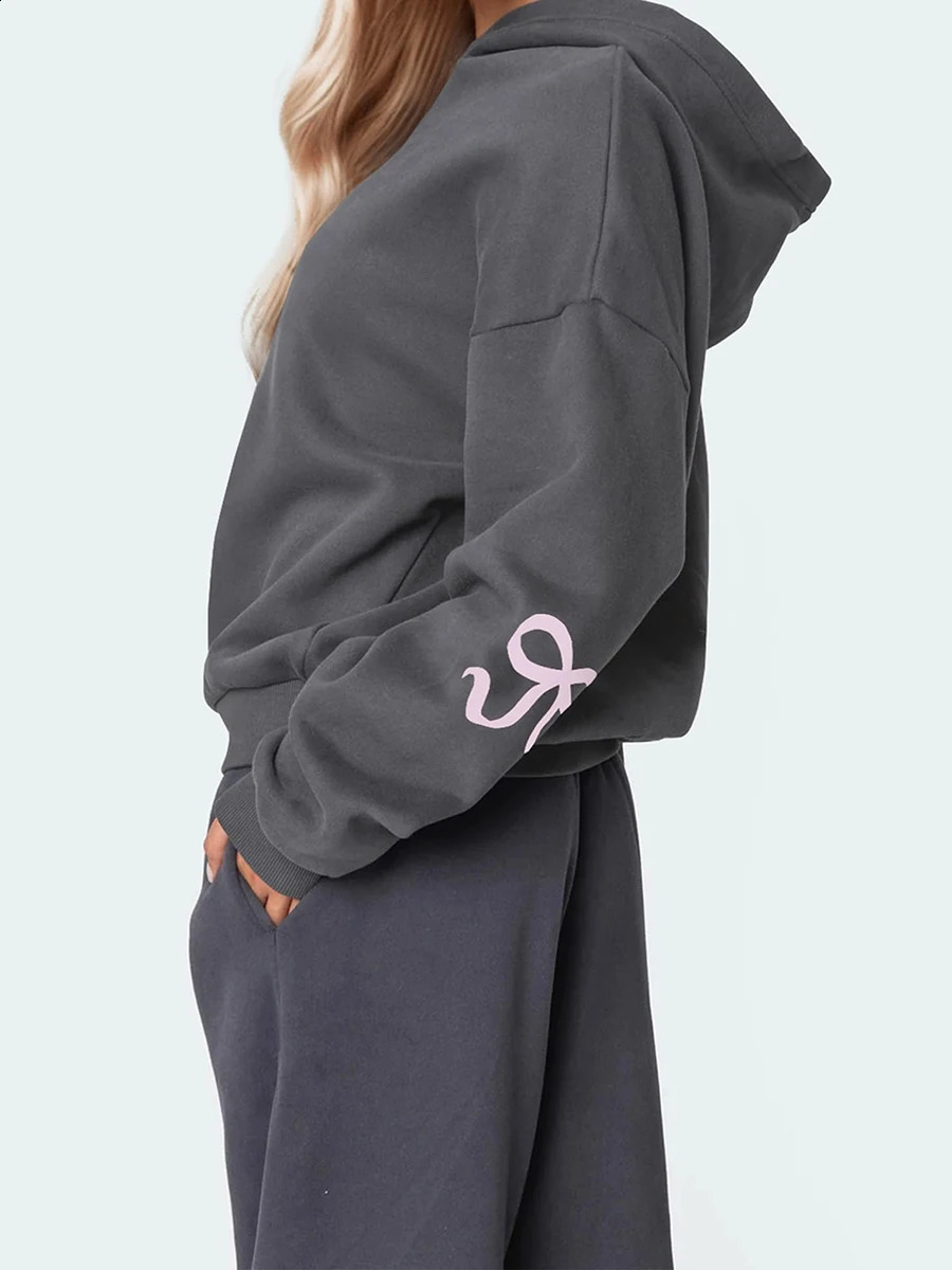 Casual Women s Oversized Hoodies with Bow Print Long Sleeve Sweatshirts Streetwear Aesthetic Tops for a Relaxed Look 250122