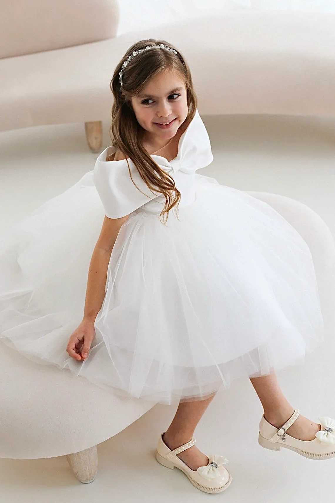 White shoulder flower girl wedding dress princess chiffon birthday party short skirt first communion baptismal dress X250203