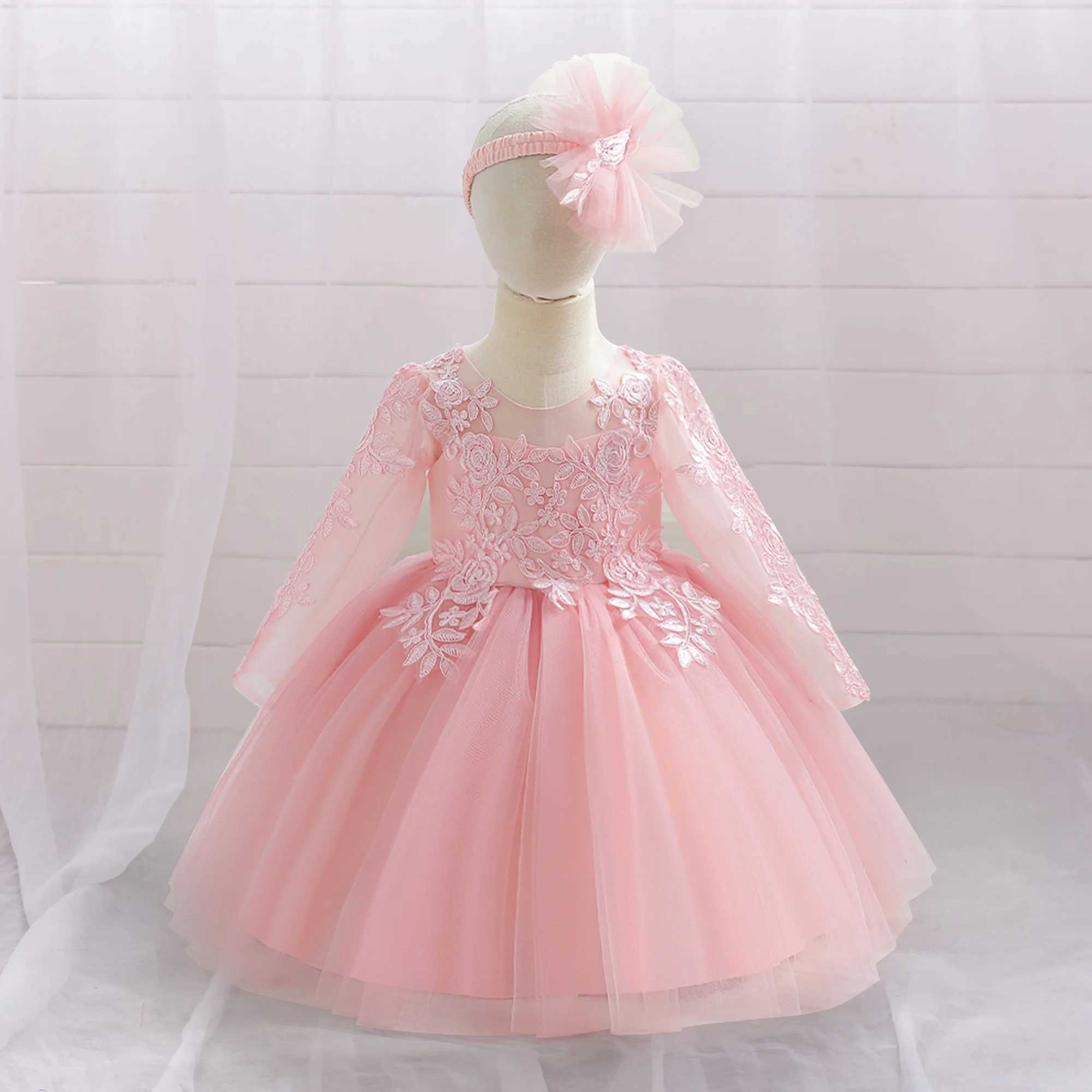 Long Sleeve White Baptism Baby Girl Wedding Dress Applique Bow 1st Birthday Party Princess Dresses Girls Toddler Tulle Prom Gown X250203