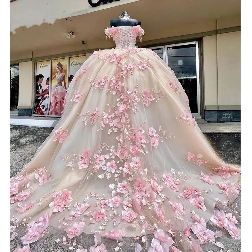 Pink Quinceanera Dresses Sweetheart Ball Gown Vestidos De 15 Anos Fashion 3D Flower Tulle Sweet 16 Princess Party Gown