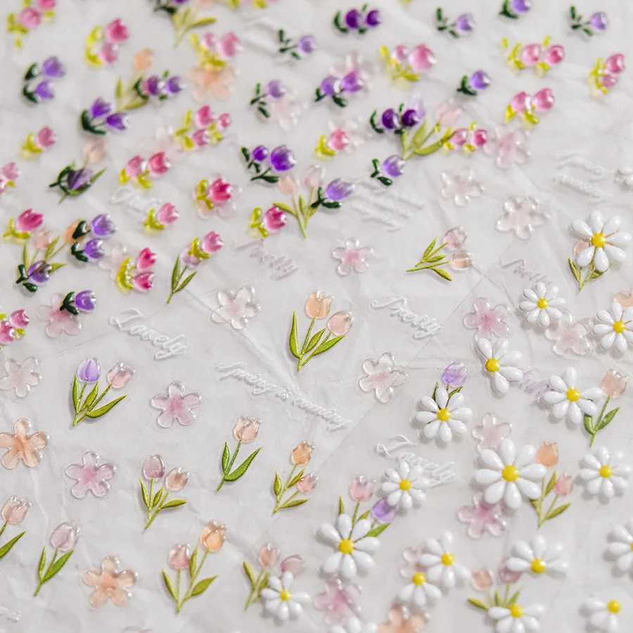 1pcs 5D Japanese Relief Tulip Nail Art Stickers Kawaii Daisy Flower Nail Decorations Decals Self Adhesive Slider DIY AccessoriesXJ250120