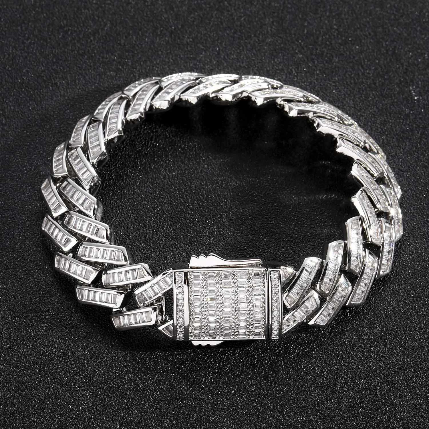 Lab Moissanite Cuban Chain Mens Necklace 925 Silver Plated Bracelet 16mm Hip Hop Rock AAA Zircon Diamond JewelryXJ250114