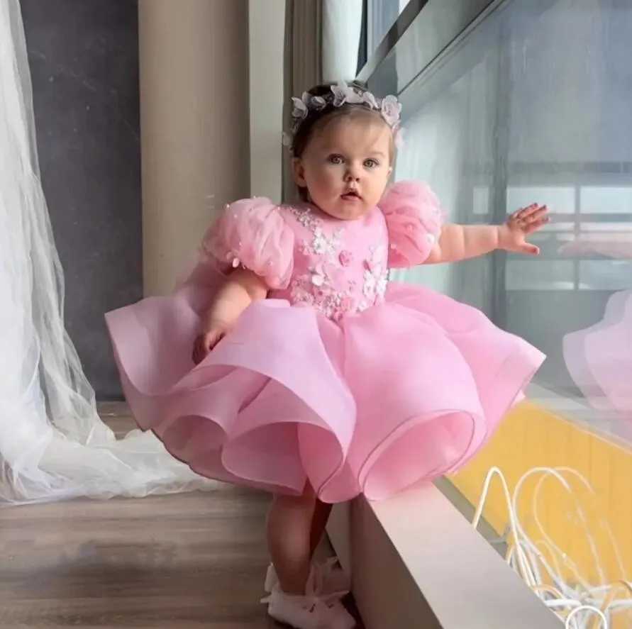 New Fluffy Baby Girl Dress Pink Party Gown Lolita First Birthday Princess Dress Christening Gown Baby Clothing with Big Bow X250203