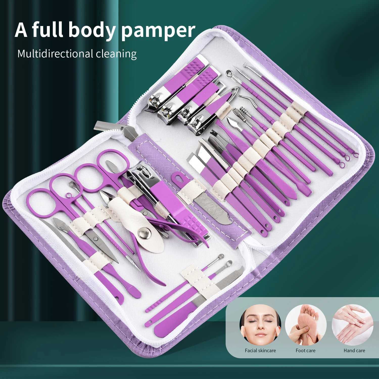30 Pcs Purple Manicure Set Professional travel kit Stainless Steel Solid Manicure Kit Nail Care Kit With Pink Case ValentineXJ250121