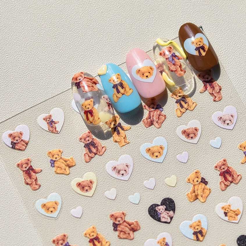 Cute Love Heart Bear Cream Cake Bread Flower Bowknot Cartoon Bunny Embossed Relief Self Adhesive Nail Art Sticker Manicure DecalXJ250120