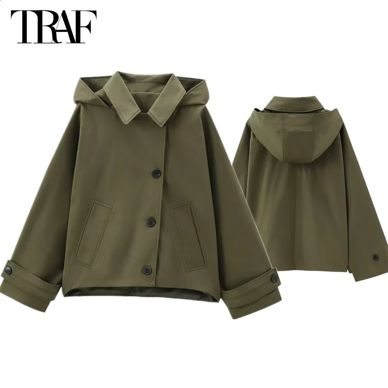 TRAF Hooded Womens Trench Coat Long Sleeve Womens Windproof Jacket Winter Womens Coat 250118