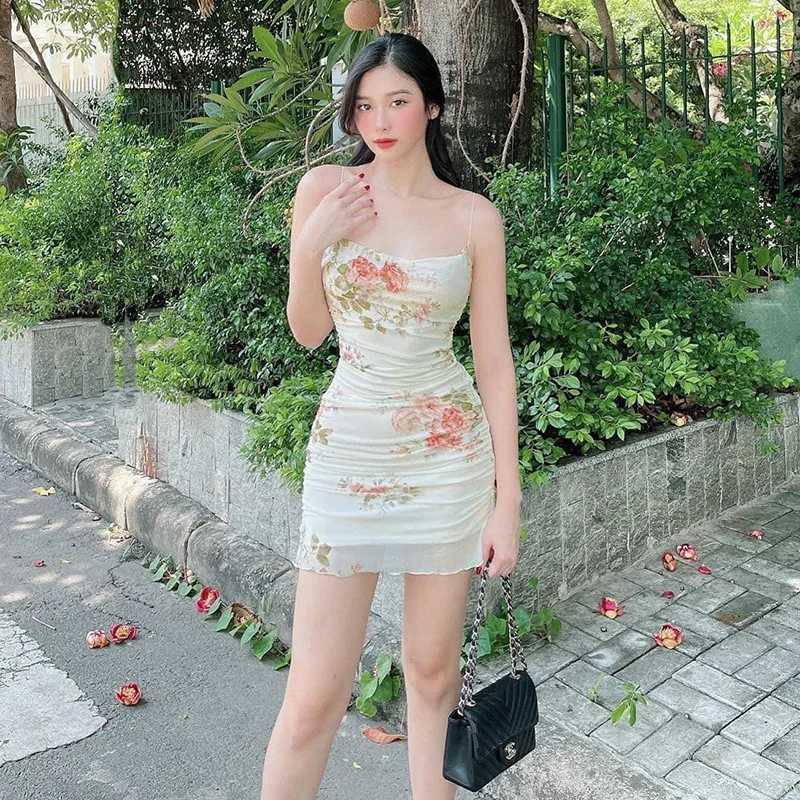Puloru Chic Flower Print Spaghetti Straps Mini Dress for Party Beach Holiday Women Casual Sveless Ruched Wrapped Short DressXJ250115