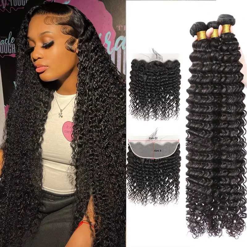 13X4 Lace Frontal Curly Hair Bundles 28 32 Inch Deep Wave Human Hair Bundles 100% Original Raw Human Hair Weaving For ExtensionsXJ250120