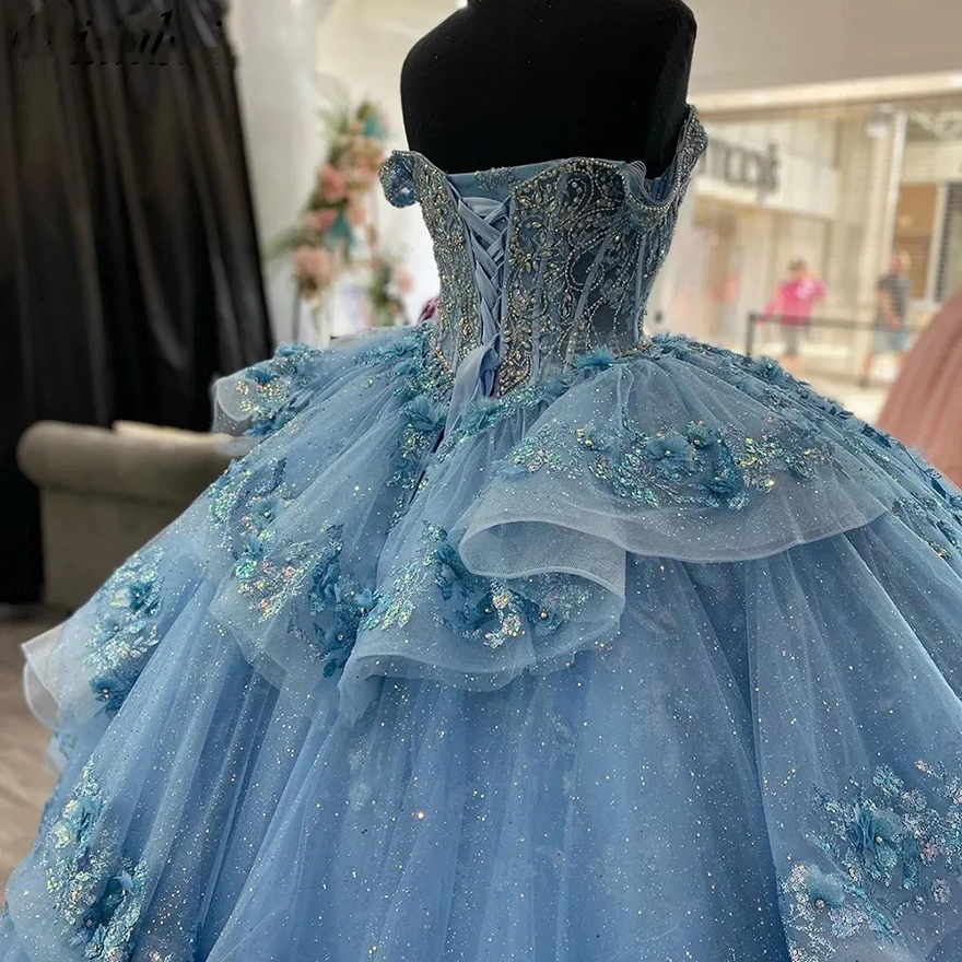 2025 Light Blue Off The Shoulder Ruffles Ball Gown Quinceanera Dresses Sequined Lace Beading Crystal Corset Vestidos De 15 Anos
