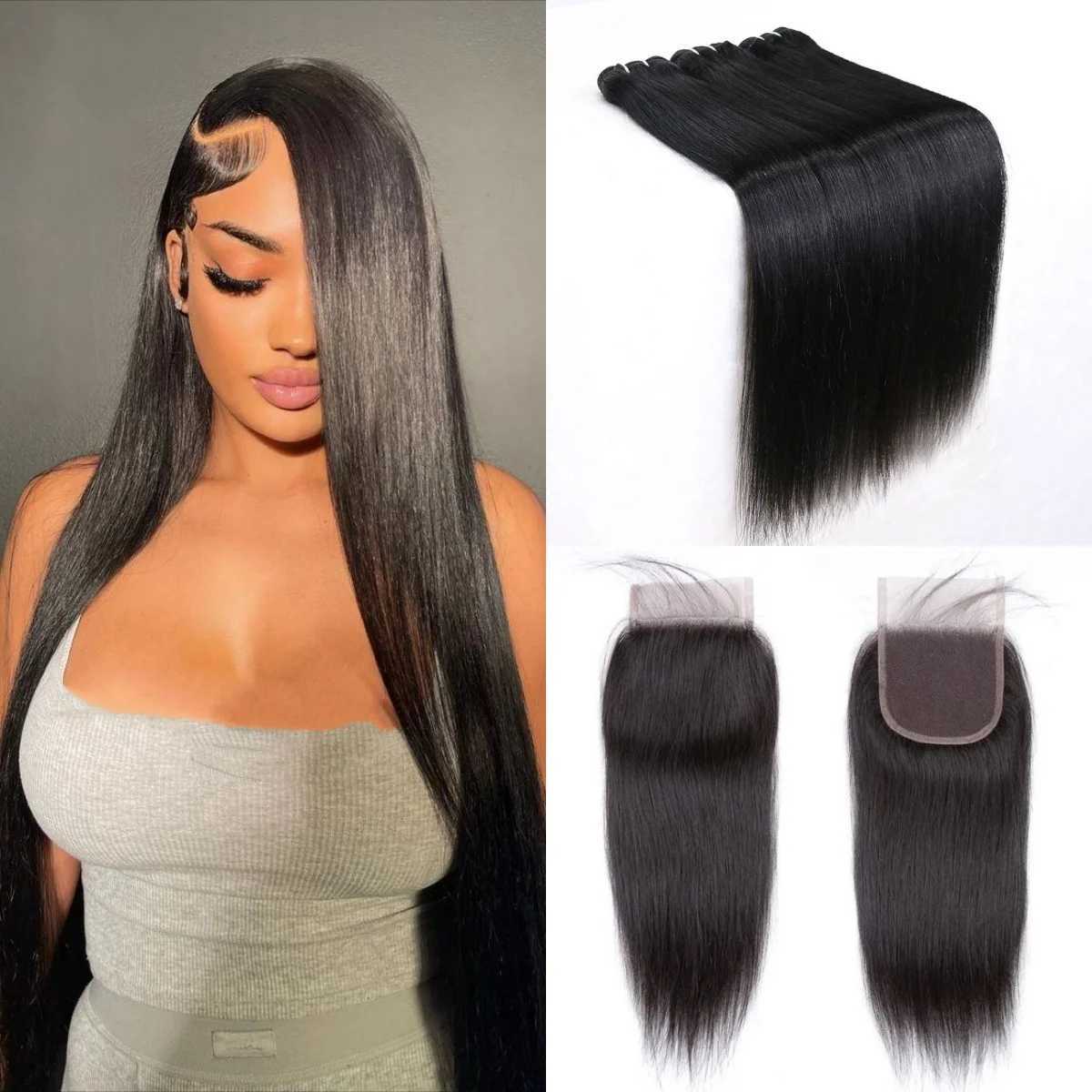 Straight Human Hair Bundles With Clo 3PCS Bundles With 4x4 Transparent Lace Clo Natural Color Hair Extension For WomenXJ250120