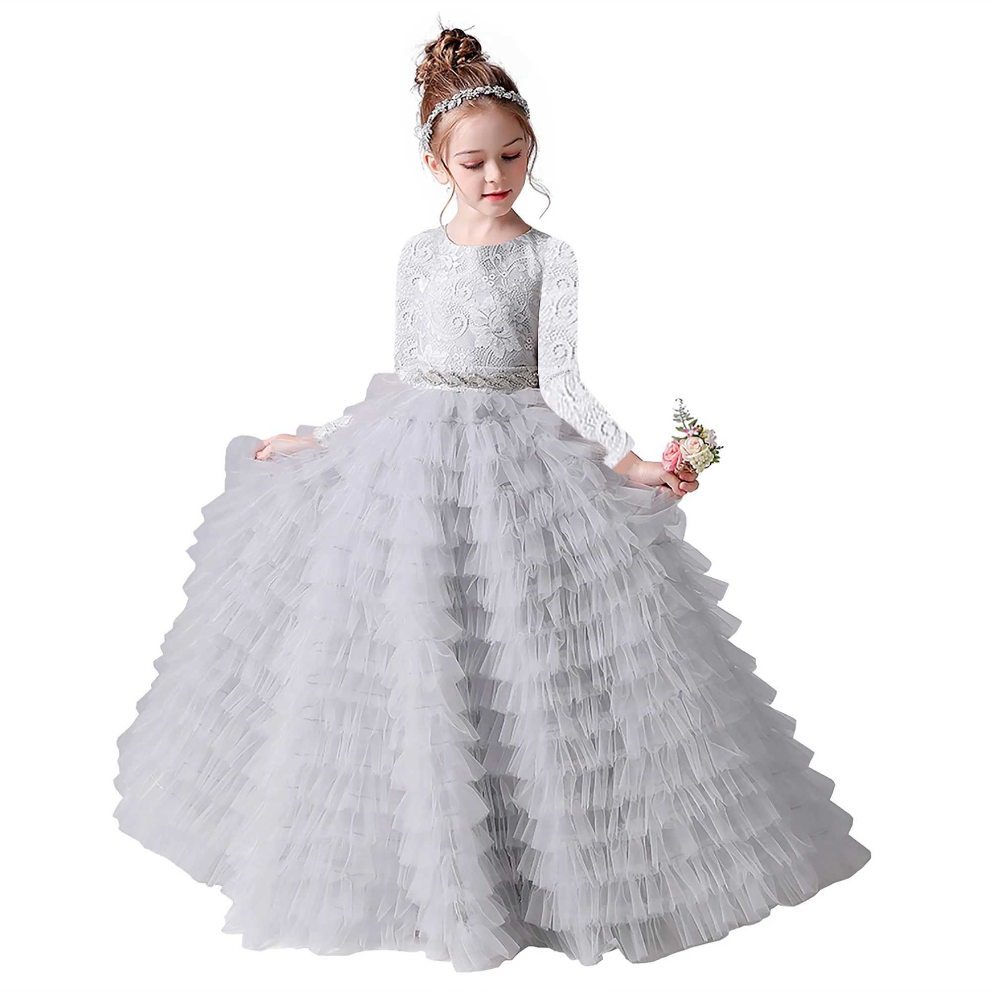 Dideyttawl Customized Grey Long Sleeves Princess Dress For Girls Lace Tulle Junior Concert Gown For Banquet Formal Party Winter X250203
