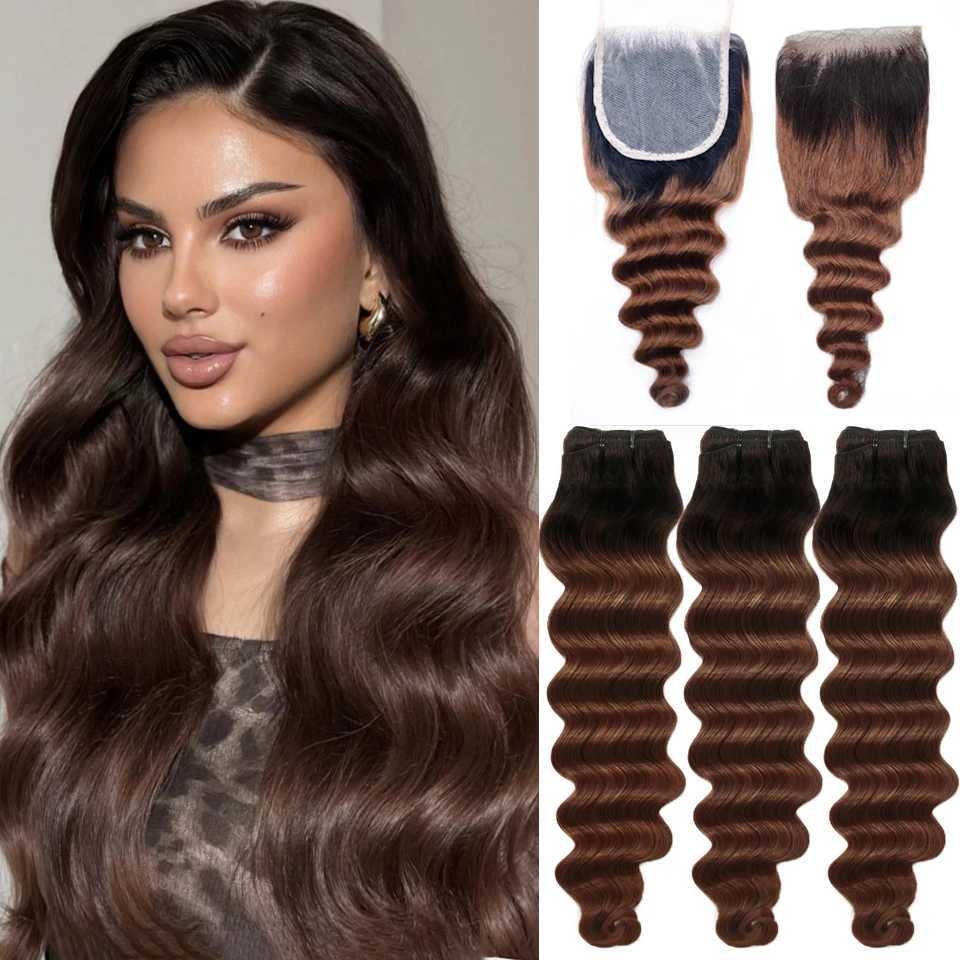Ombre Loose Deep Bundles With Clo 1B Brown Human Hair With 4x4 Lace Clo Two tone Dark Root To Brown Brazilian Human HairXJ250120