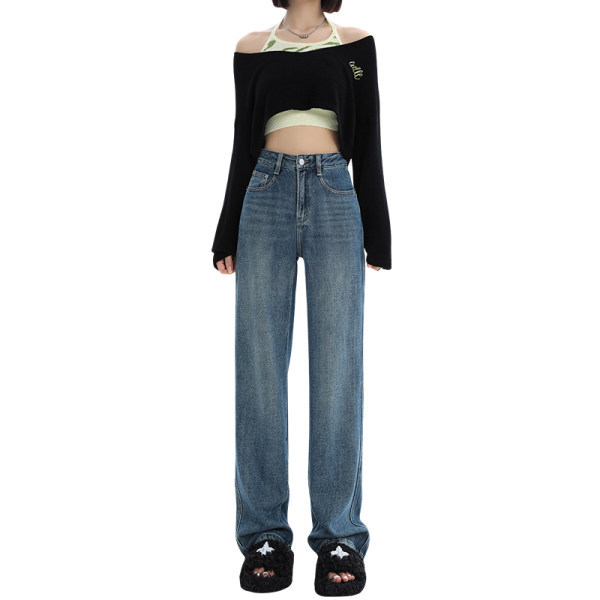 Retro blue narrow version wide-leg jeans women's autumn and winter new high-waisted small man velvet straight mopping pants