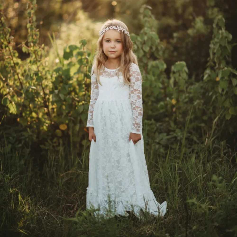 Kids Christening Wedding Bridesmaid Clothes 2-14 Year Flower Girl Dresses White Beige Long Sleeve Summer Dress Communion Toddler X250203