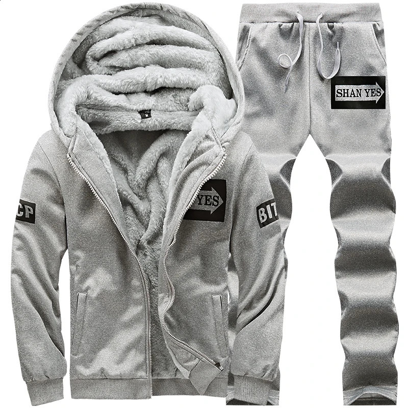 Fleece Men Set Fashion Tracksuit Lined Thick Sweatshirt Pants Sportswear Suit Male Winter Warm Hooded Outerwear Suit 250117
