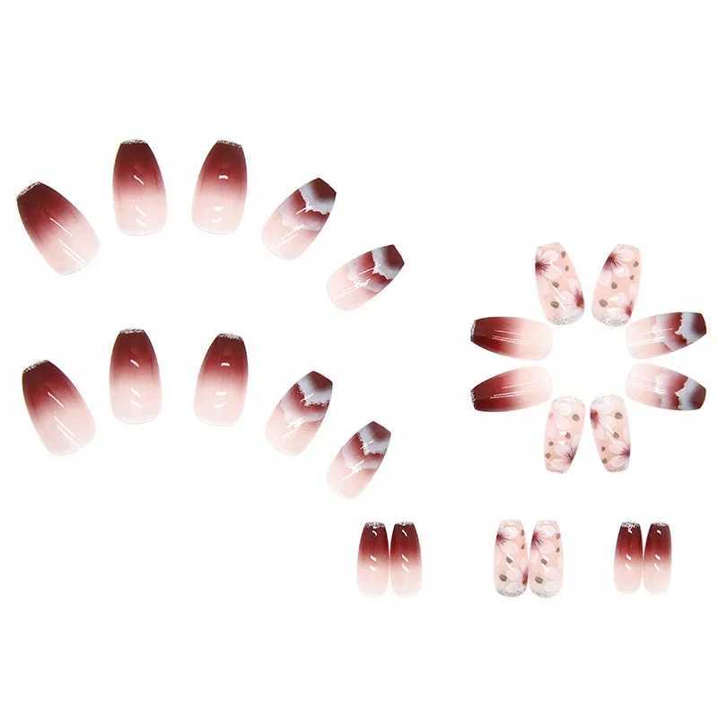 Gradient Wine Red 24 pieces press nail pink Gradient fake nail smooth artificial finger reusable fake nailW250120