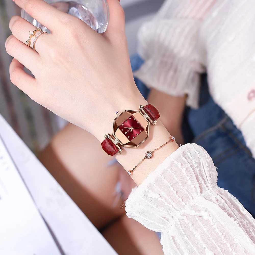 POEDAGAR Wen Watches Fashion Square Diamond Wine Red Leather Quartz Watch Luxury Rose Gold Waterproof Ladies Wristwatch Gift X250203