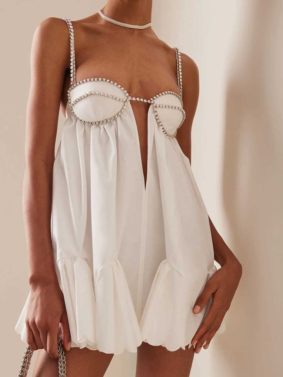 Women Loose Spaghetti Strap Dress Summer Crystal Rhine Cutout Cocktail Party Mini A-line Dress for Beach NightclubXJ250115