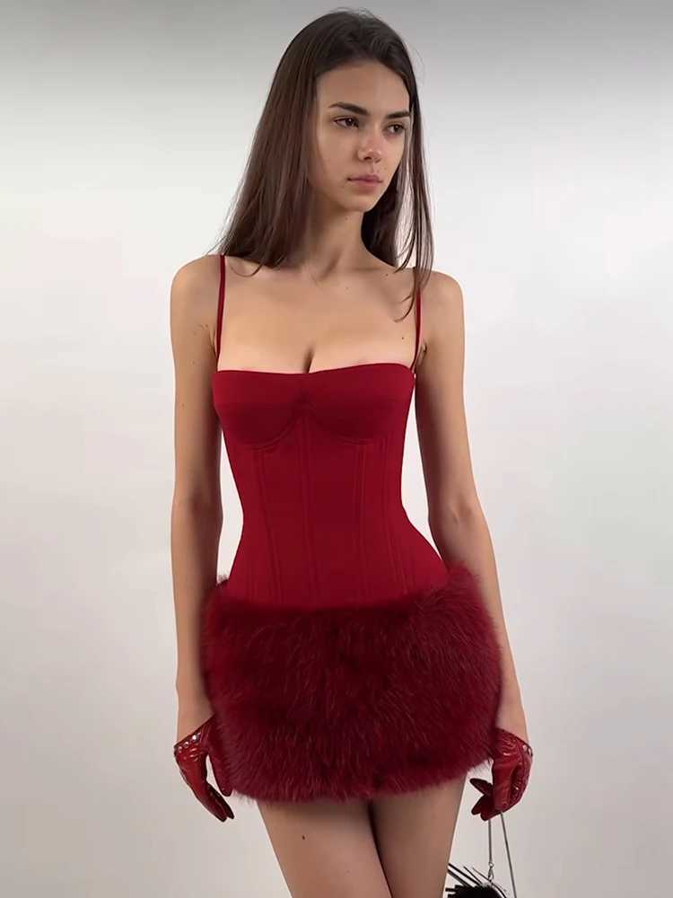 Nibber Pathwork Christmas Sexy Woman Dress Furry Hem Skinny Sveless Backless Midnight Suspenders Stylish Classic Mini BodyconXJ250115