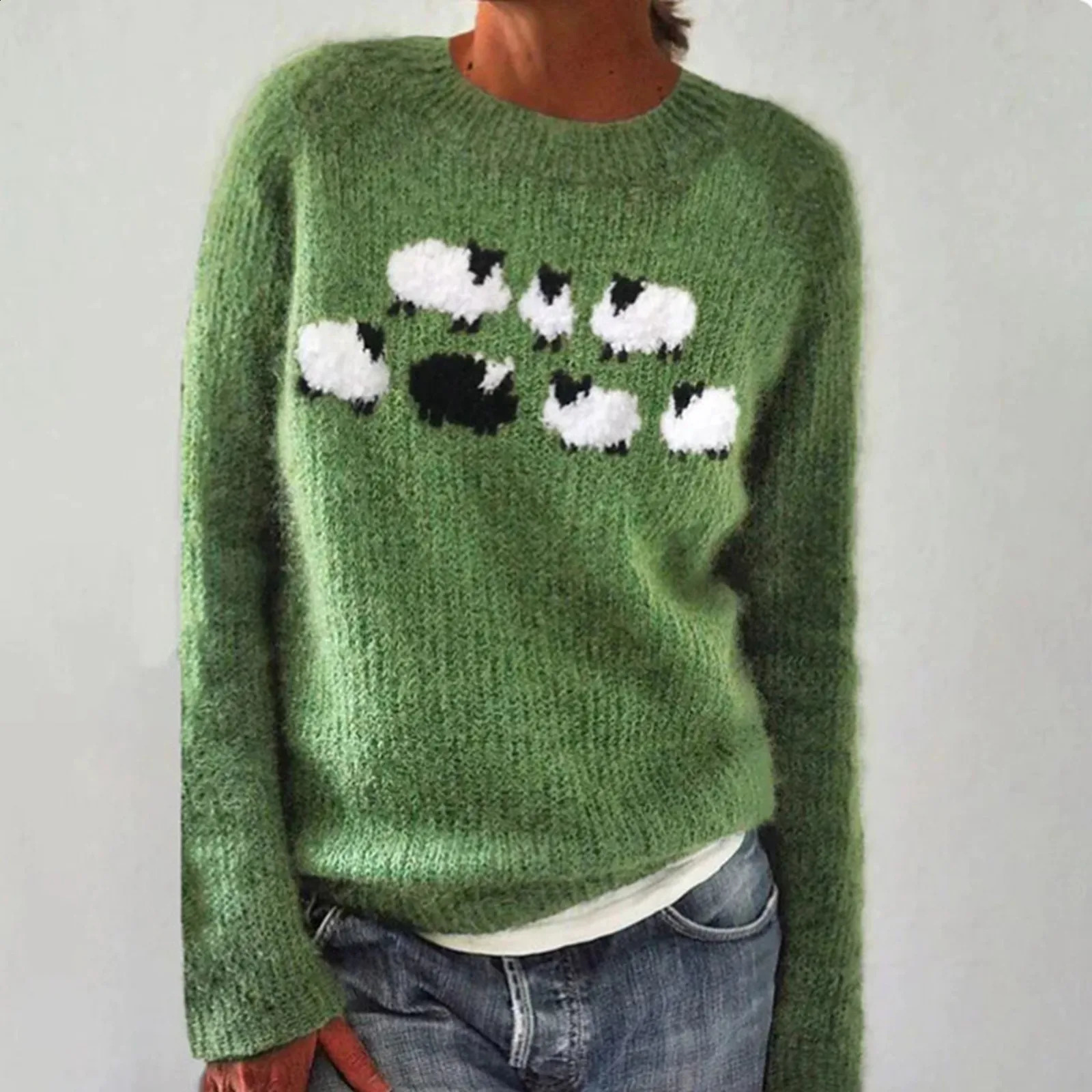 Fashion Womens Knitted Sweater Autumn Winter Print Long Sleeve Crew Neck Pullover Large Size Warm Top For Female 250114