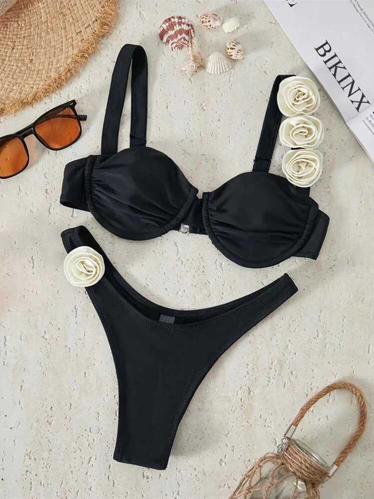 Sexy Swimwear Women Solid Bikini Suit Summer 3D Flower Backless Beachwear Fe Two-pieces Swimwear Bathing Suit BiquiniXJ250120