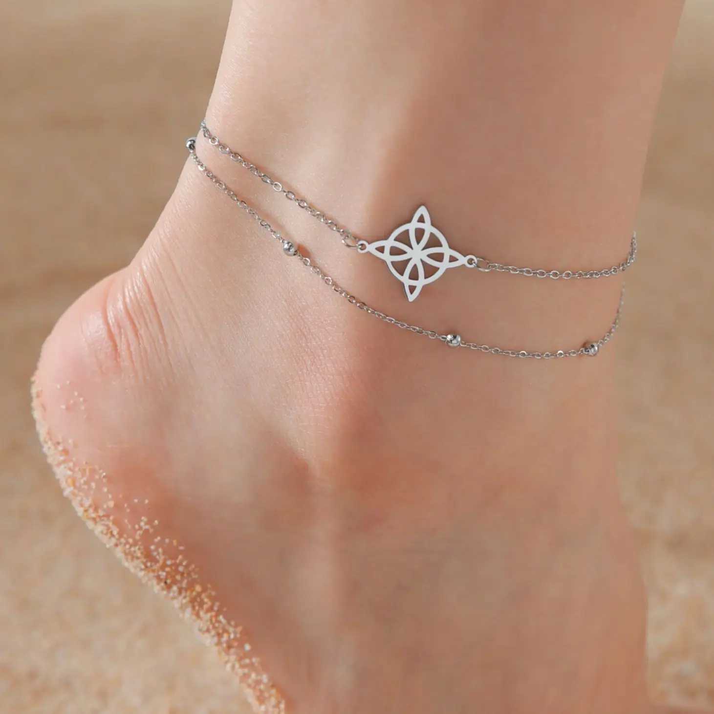 LIKGREAT Womens Anklets Witch Knot Foot Chain Stainl Steel Celtic Knot Bead Chains Amulet Beach Summer JewelryXJ250121