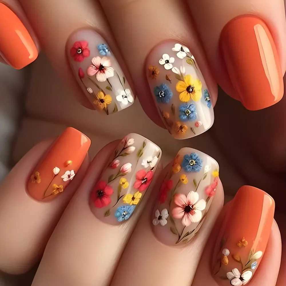 24Pcs Red Pink Matte Short Square Fake Nails Wearable Floral Love Heart Design Press on False Nail Simple Full Over Nail Tip ArtW250120