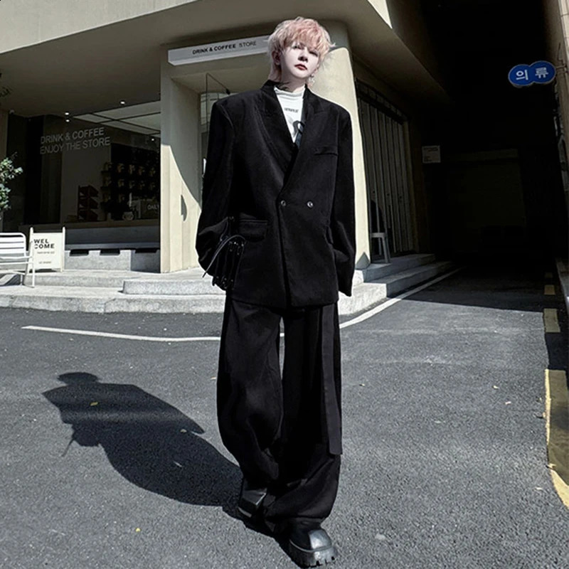 PFNW 2025 Spring Sets Lapel Loose Mens Double Breasted Suit Belt Casual Wide Leg Pants Suit Suede Retro Runway Niche 250121