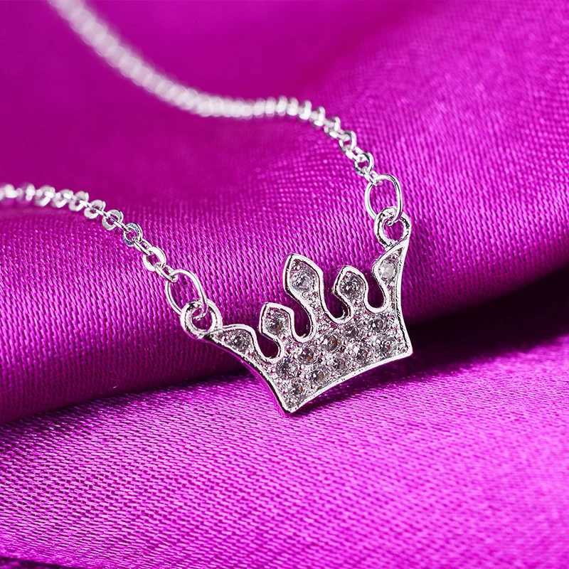 Real 925 Sterling Silver Crystal Crown Charm Pendant Choker Necklace For Girl Women Wedding Statement Female Jewelry GiftXJ250114