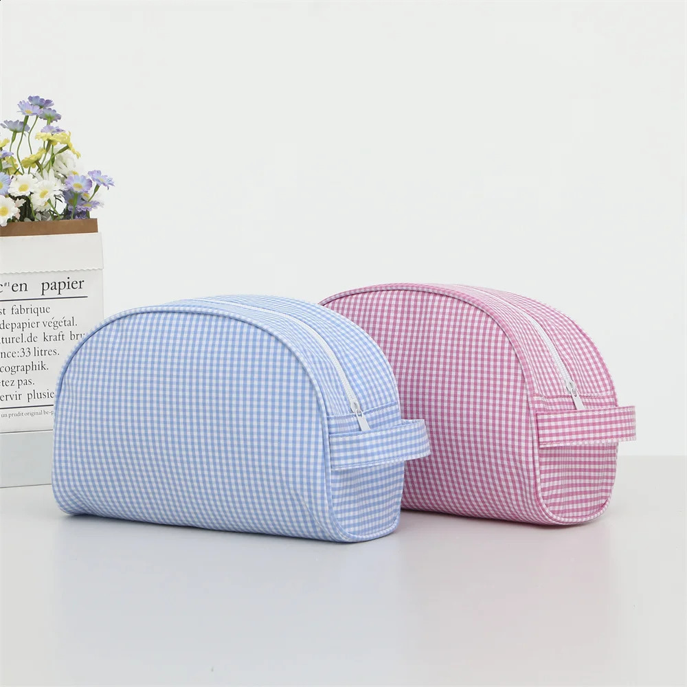 Plaid Cosmetic Bag For Women Makeup Pouch Large Travel Checkered Purse Pink/Blue Shell Bag Toiletry Bag 250120