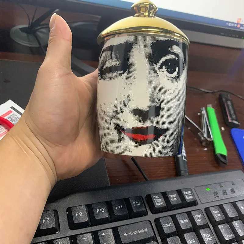 Gold Handmade Ceramic Empty Candle Holder Incense Candles Jar Lady Face Red Lip Cup Living Room Ornaments Home Decoration Box Cr X250203