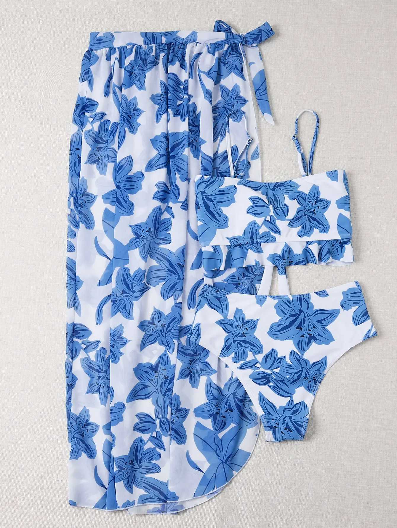 3 Pieces Floral Print Knot Front Bikinis 2024 Women Ruffle Swimwear Fe High Waist Swimsuit With Beach Skirt Bathing SuitXJ250120